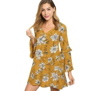 Loveriche Yellow Floral Tunic Dress S Bell Sleeve Back Cutout Boho Fall Style